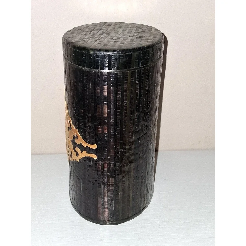Vintage Asian Straw Art Crane Bamboo Tea Canister Box w Lid 5.5